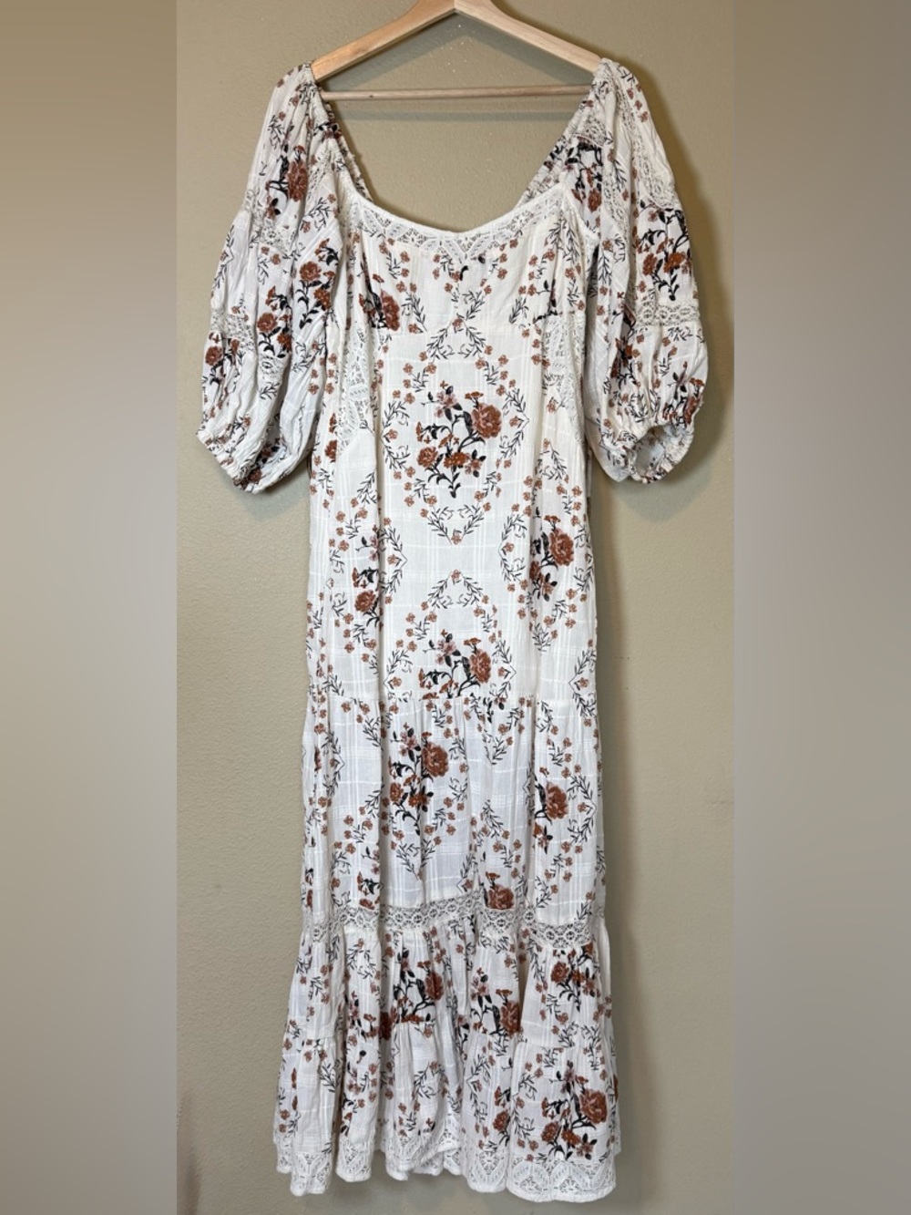 Free People Ivory Floral Puff Sleeve Square Neck Dress Size Medium - Picture 2 of 7